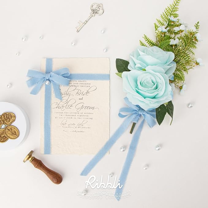 Ribbli 3 Rolls Blue Ribbon 5/8 Inch x 18Yards Light Blue Baby Blue Dusty Blue Handmade Cotton Frayed Fringe Ribbons for Gift Wrapping Wedding Invites Bridal Bouquets Baby Shower DIY Crafts Home Decor
