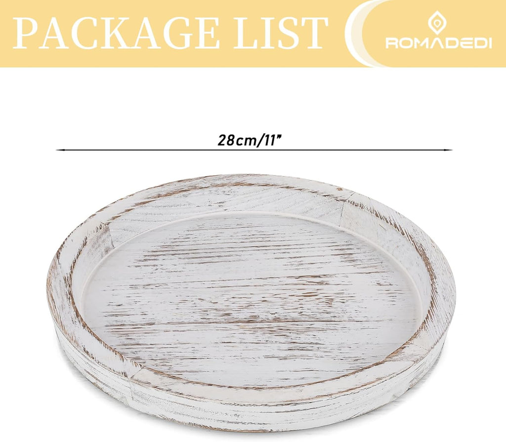 Romadedi Rustic Wooden Tray Candle Holder - Round Wood Decorative Pillar Candle Tray for Coffee Table Farmhouse Kitchen Countertop Organizer Home Decor Wedding Centerpiece, Distressed White