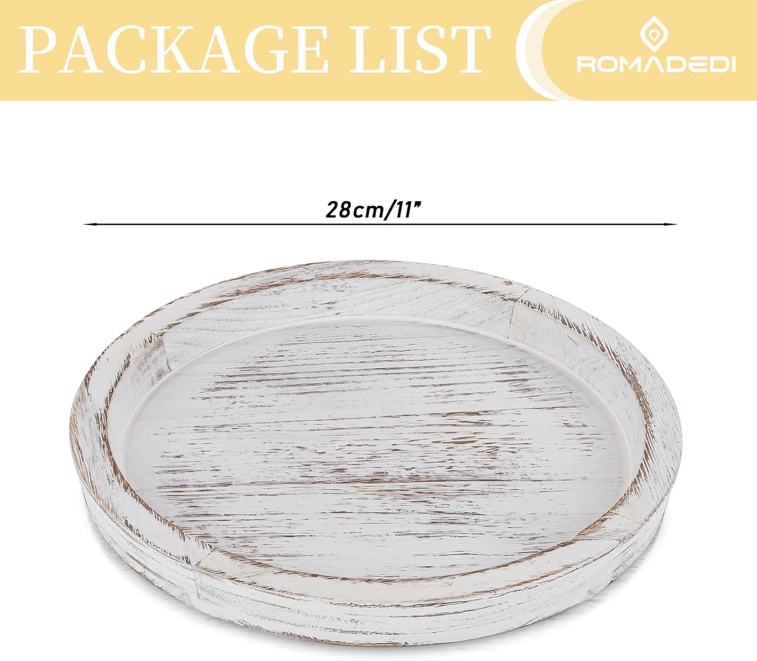Romadedi Rustic Wooden Tray Candle Holder - Round Wood Decorative Pillar Candle Tray for Coffee Table Farmhouse Kitchen Countertop Organizer Home Decor Wedding Centerpiece, Distressed White