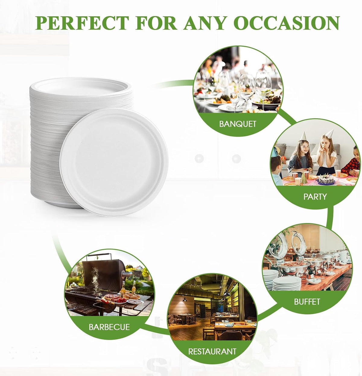 Vplus 350 Pack Compostable Bagasse Paper Plates 6.9 inch, White