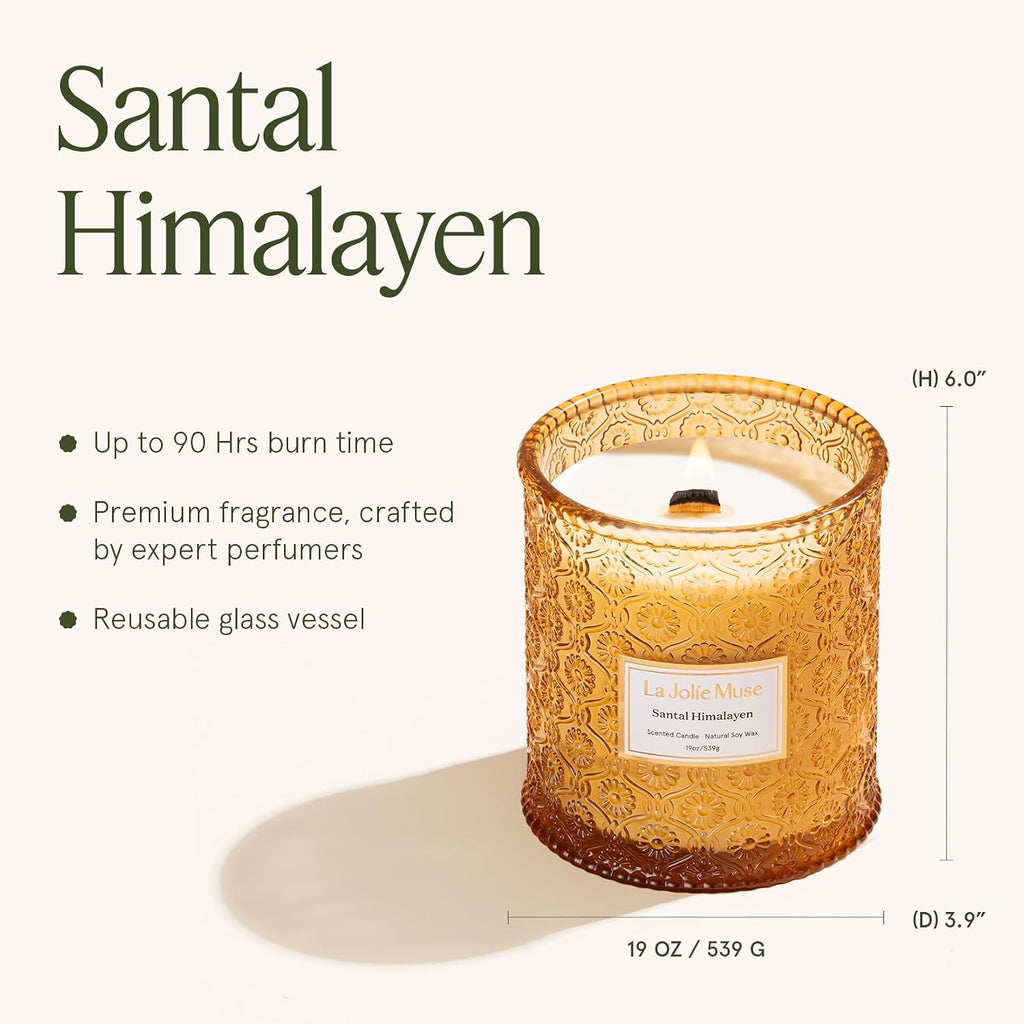 LA JOLIE MUSE Santal Himalayen Scented Candles for Home, 19 oz Natural Soy | Large Jar Luxury Candle, Clean Non Toxic, Gift for Women, Men, Decorative Candles, Pretty Candle, Wood Wick, Sandalwood Amber