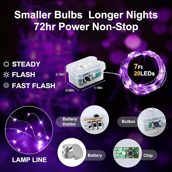 Aogist 12 Pack Fairy Lights 3 Modes 7ft 20 LED Waterproof,Battery Operated Silver Wire Firefly Starry Moon Mini String Lights for Mason Jars Christmas Halloween DIY Crafts Wedding Party Bedroom,Purple