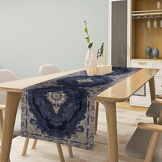 Vintage Boho Floral Table Runner, Rustic Country Farmhouse Dark Blue Grey Retro Flower Pattern for Home Kitchen Table Decor Dining Coffee Room Party Decor 13x90in