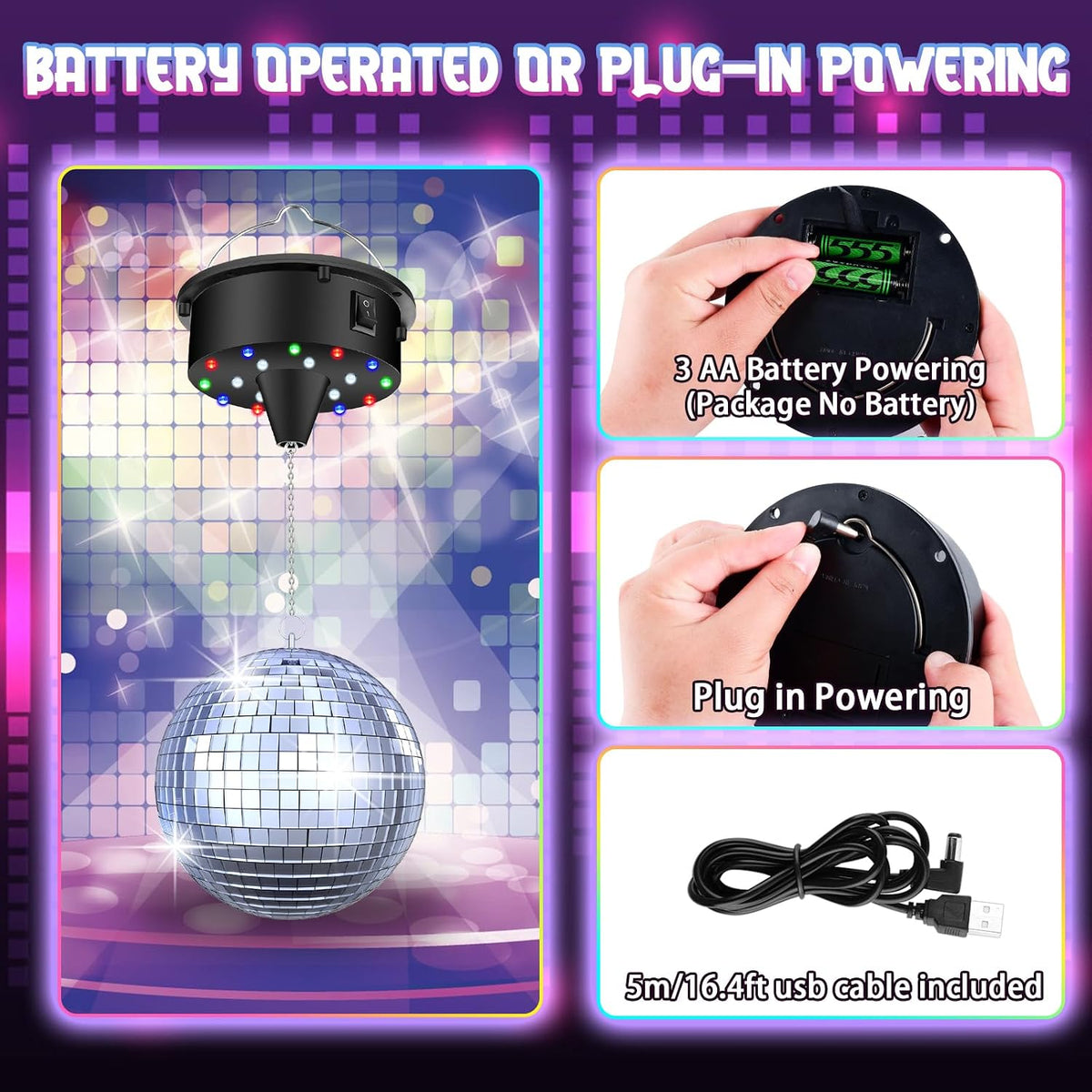 Disco Ball with Motor and 6" Mirror Ball, 10RPM Discoball Spinner and Light