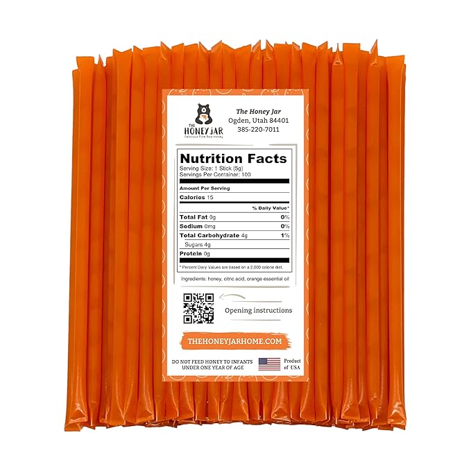 The Honey Jar Orange Flavored Honey Sticks - Pure Honey Straws For Tea, Coffee, or a Healthy Treat - One Teaspoon of Flavored Honey Per Stick - Made In The USA with Real Honey - (100 Count)