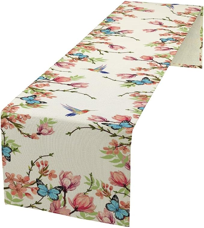 Floral Butterfly Table Runner Seasonal Spring Flower Bird Table Decoration Table Runner for Home Party Decoration 13x108 Inch