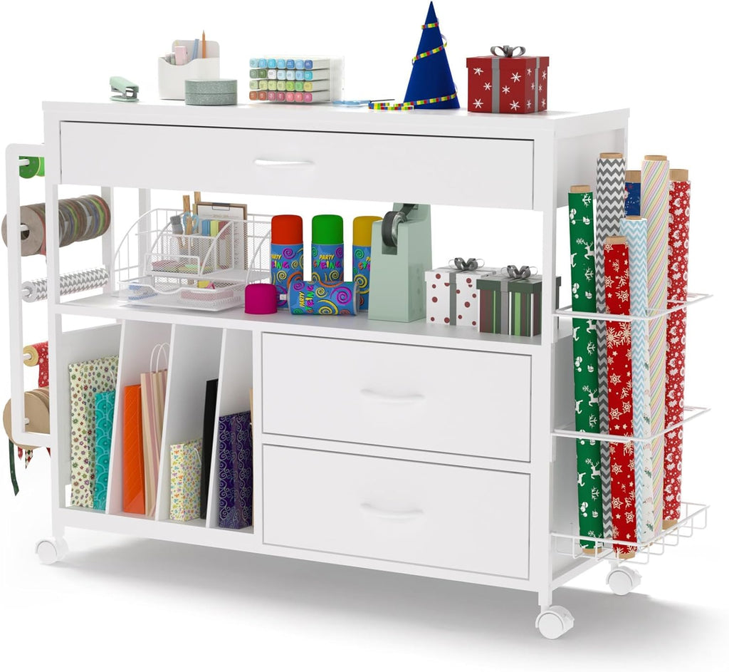 Wrapping Paper Storage & Organizer, Craft Cart with Ribbon & Gift Bag Storage, Wrapping Paper Organizer Holder(3 Wooden Drawers-White)