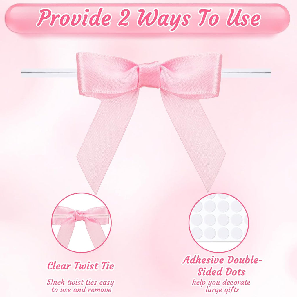 woric 60 PCS Mini Pink Bows 2.5" Premade Twist Tie Bows for Crafts | Pink Satin Ribbon for Treat Bags Cake Baking Gift Wrapping Wedding Birthday Baby Shower Party Favors