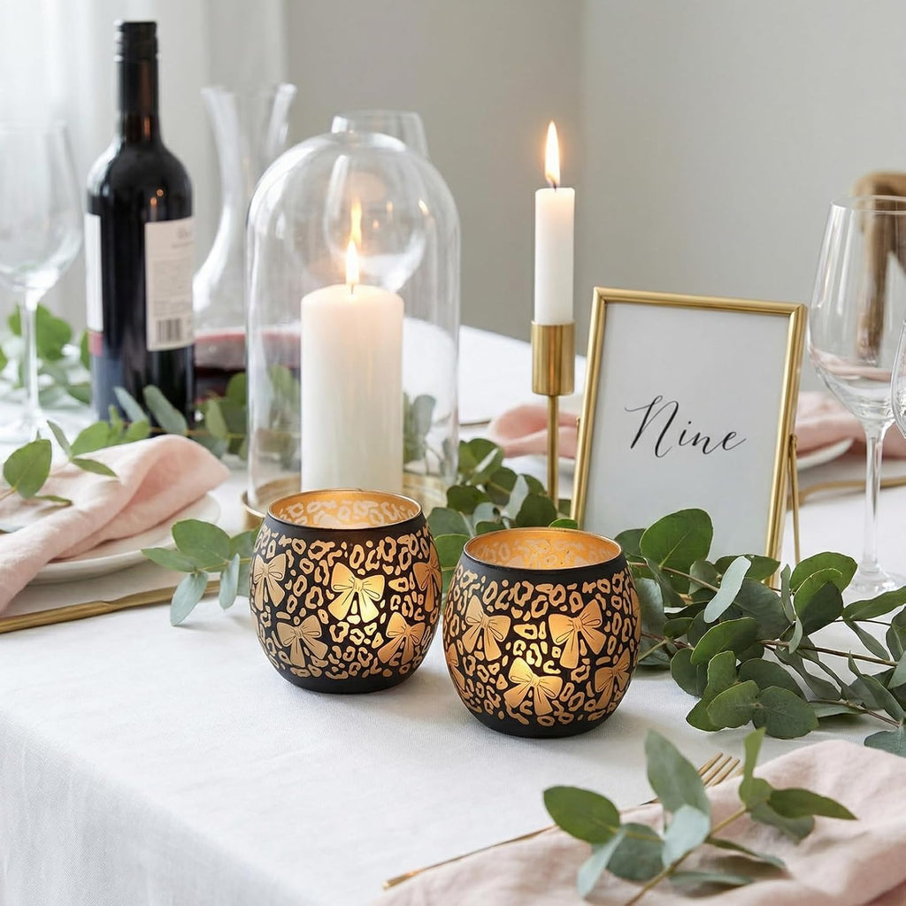 Leopard Candle Holder with Bow Set of 2, Black Gold Votive Tealight Candle Holders for Room Decor, Aesthetic Ribbon Votive for Wedding Centerpieces & Leopard Birthday Party Decorations