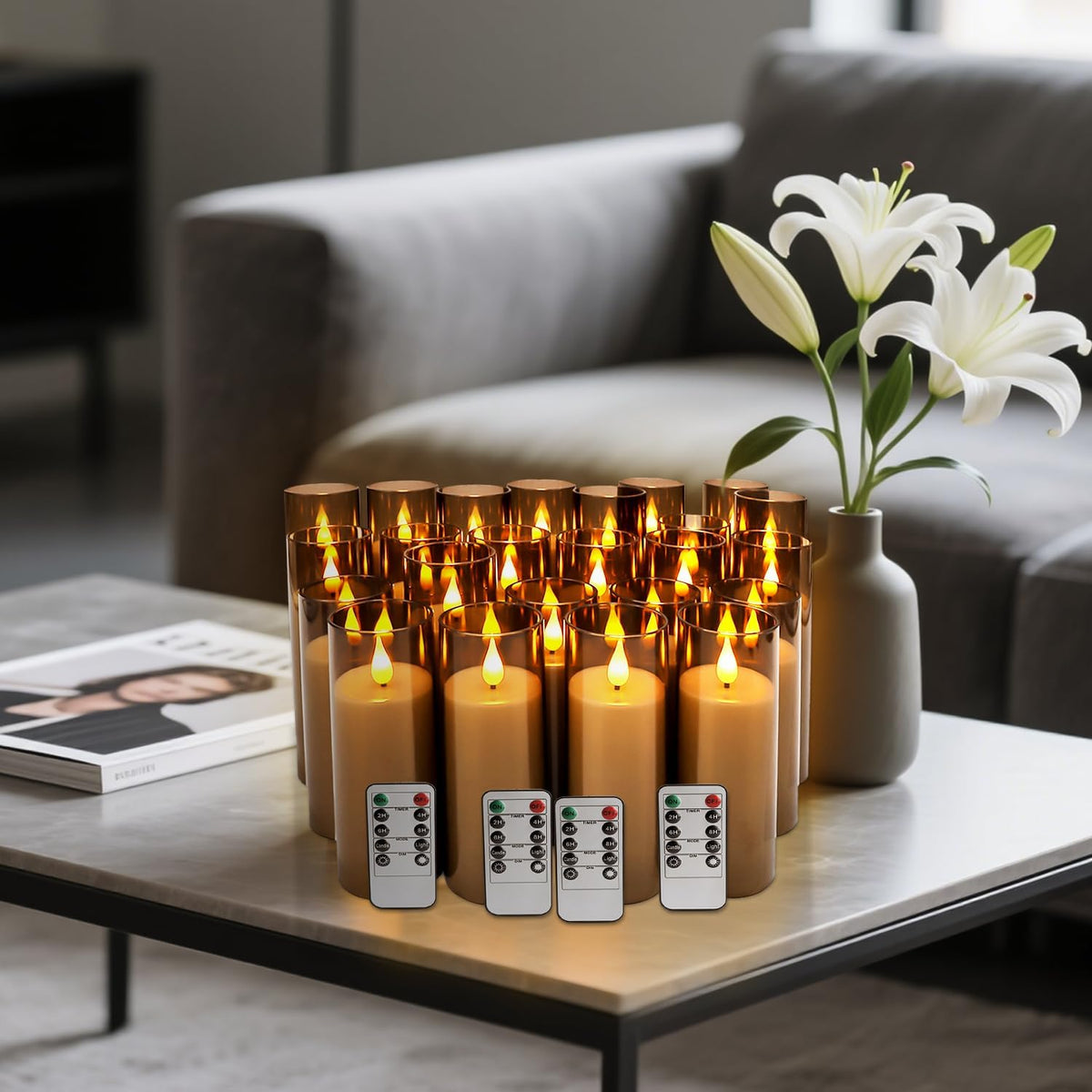 24 Pack Grey LED Flameless Pillar Candles with Remote Control