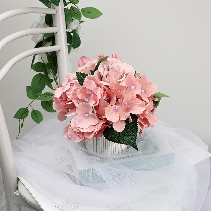Flower Table Centerpieces - Set of 6 Floral Arrangement Artificial Wedding Hydrangeas Floral Arrangement with Rustic Metal Vase for Bridal Tea Party Event Decorations - Deep Pink