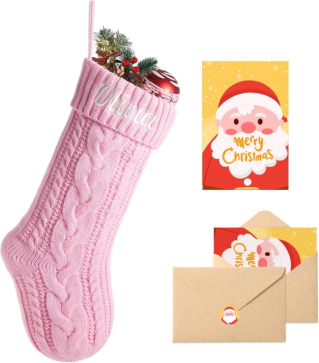 Personalized Christmas Stockings with Christmas Cards,Custom Embroidered Name Monogram Christmas Stocking for Baby Kids Girl Family,18" Large Pink Knit Xmas Stockings for Fireplace Decor
