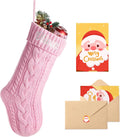 Personalized Christmas Stockings with Christmas Cards,Custom Embroidered Name Monogram Christmas Stocking for Baby Kids Girl Family,18" Large Pink Knit Xmas Stockings for Fireplace Decor