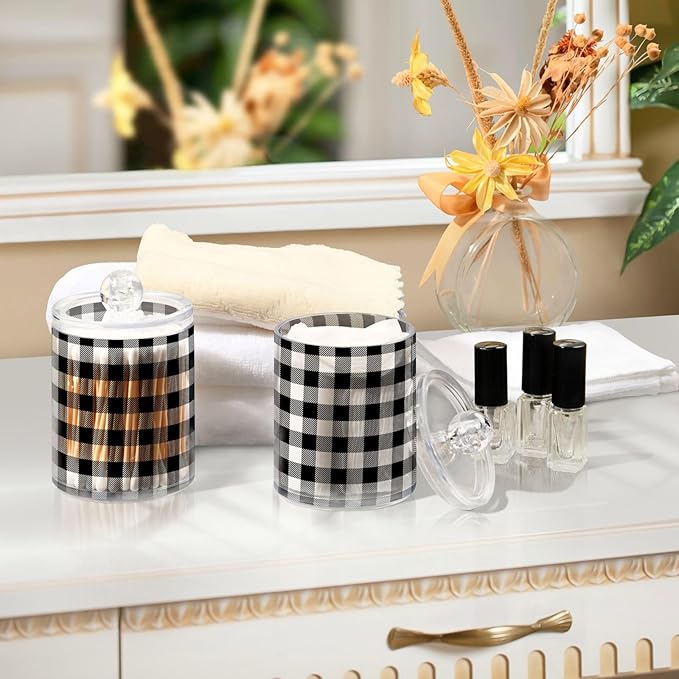 Gredecor Qtip Holder Dispenser 2 Pack Black White Classic Buffalo Plaid Bathroom Decorative Storage Canister Holder Counter Vanity Organizer for Cotton Ball Swabs Pads Floss