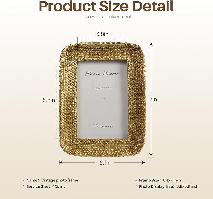 Cuspin 4x6 Picture Frame Vintage Gold Metal Rattan Textured Hand-Crafted Photo Frame with Glass Front, Antique Picture Frame for Tabletop Display & Wall Display, Retro Design Home Decor