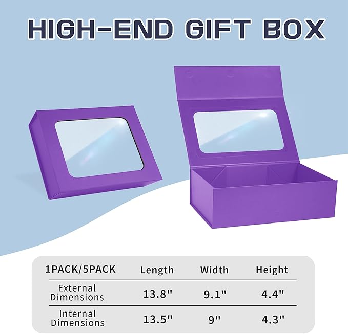 Purple Large Gift Boxes with Window, 13.5"x9"x4.3" Bridesmaid Boxe for Gift Giving,Birthday Gift Box with Magnetic,Closure Lid Gift Boxes for Presents,Cute Boxe,Luxury for Gift Packaging,Gift Box for Wrapping Gifts