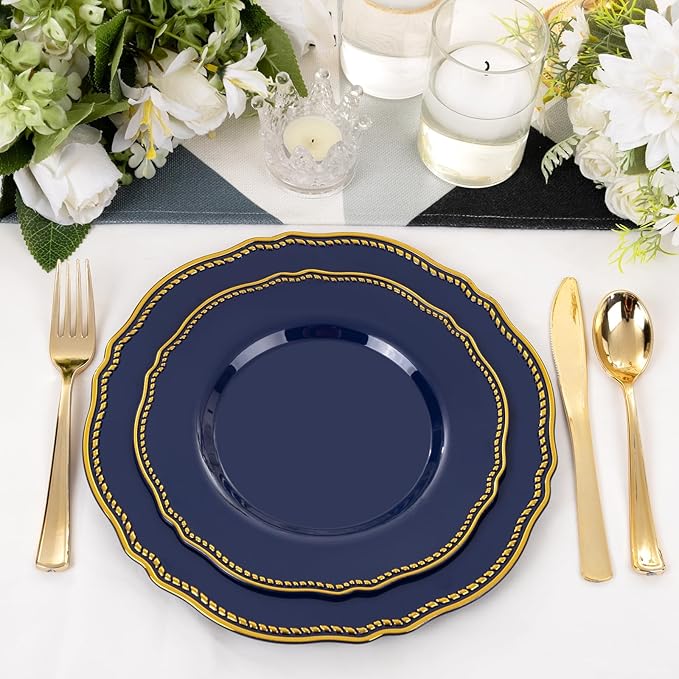 Hioasis 60pcs Blue Plastic Plates - Blue and Gold Disposable Dinnerware with Gold Rim, Heavy-duty, 7.5 inch, Dessert Plates for Party & Wedding