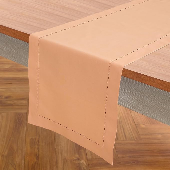 Solino Home Cotton Linen Table Runner 60 Inches - Peach Bloom Hemstitch Table Runner 14 x 60 Inch Ideal for Dresser and Coffee Tables