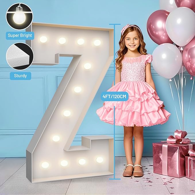 4FT Marquee Light Up Letters Z,Party Decoration Large Marquee Light Up Letters with Weighted Water Bag,Pre-cut Foam Board Set Can Be Used for Birthdays,Weddings,Baby Anniversaries
