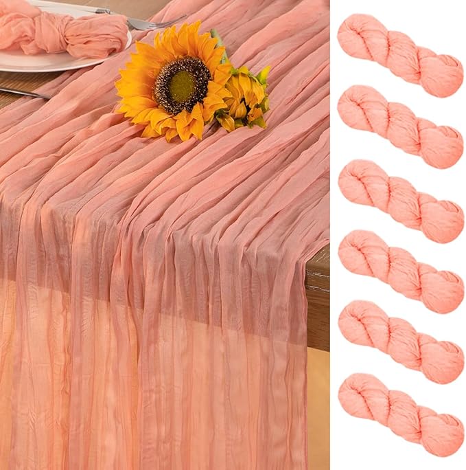 Coral Pink Cheesecloth Table Runner 6 Pack Fall Table Runners Boho Gauze 120 Inches Coral Cheese Cloth Fall Table Decorations for Thanksgiving Wedding Bridal Baby Shower Tea Party Decor