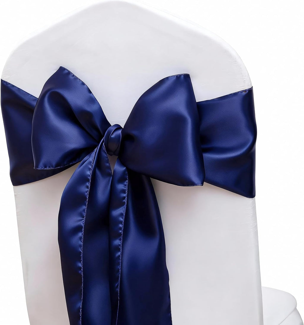 Pack of 50 Satin Navy Blue Chair Bows Sashes 7 X 108 Inch Universal Navy Chairs Ribbons for Wedding Anniversary Ceremony Birthday Party Engagement Banquet Restaurant Event Decorations