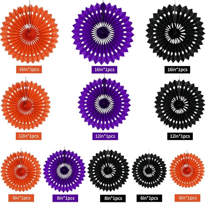 BEISHIDA Black Orange Purple Hanging Honeycomb Round Paper Fans Decoration Set for New Year Baby Shower Halloween Birthday Wedding Photo Booth Backdrops Anniversary Paper Party Supplies 11packs