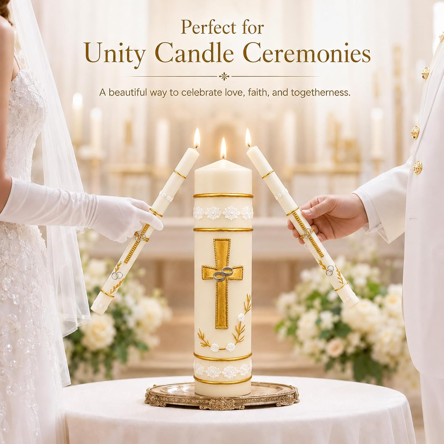 Unity Candles for Wedding Ceremony Set,Wedding Candles 1 Pillar 11.5 Inch and 2 Taper 10 Inch Set 3,Catholic Religious Ceremony Accessories,Velas para Boda (Cross & Rings)