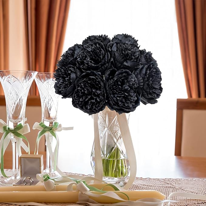 U'Artlines 10 Heads Artificial Peony Silk Flower Leaf Home Office Wedding Party Festival Bar Decor (Black)