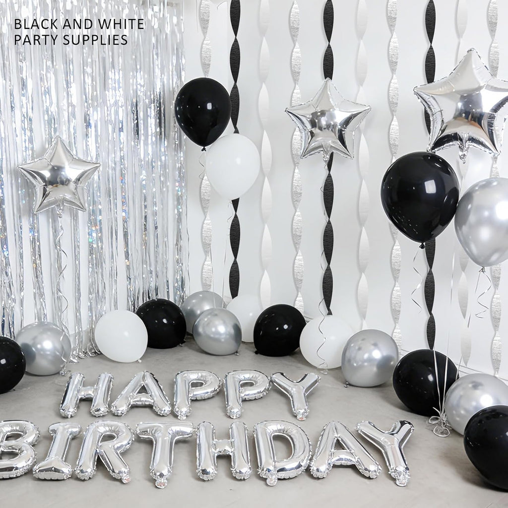 Black Silver White Crepe Paper Streamers - 6 Rolls Party Streamer Decorations for Graduation 2026, New Year's Eve, Birthday, Wedding, Retirement Party Supplies - Silver & Black Hanging Backdrop Decor