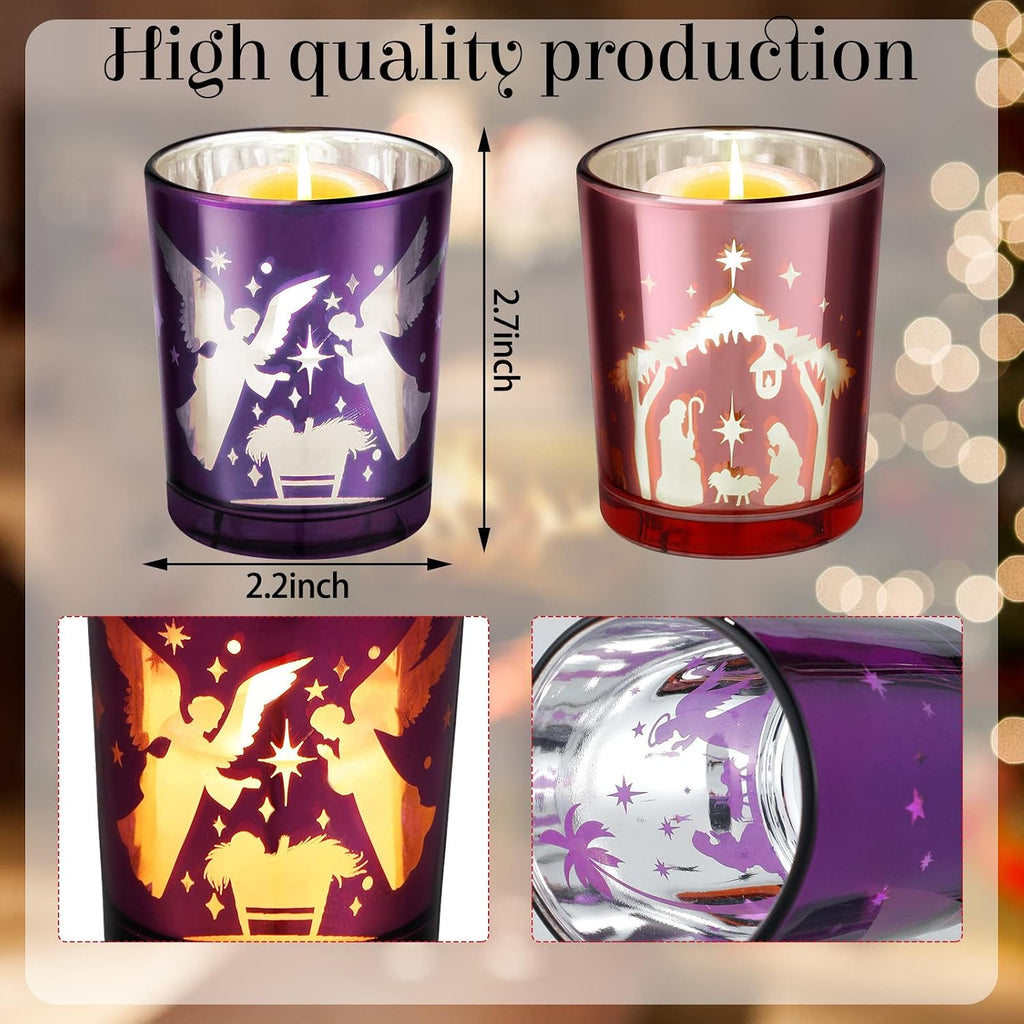 4 Pcs Christmas Advent Candle Holder Nativity Scene Candle Holder Glass Purple and Pink Tealight Candle Holders for Holiday Xmas Wedding Church Home Decor, 4 Styles