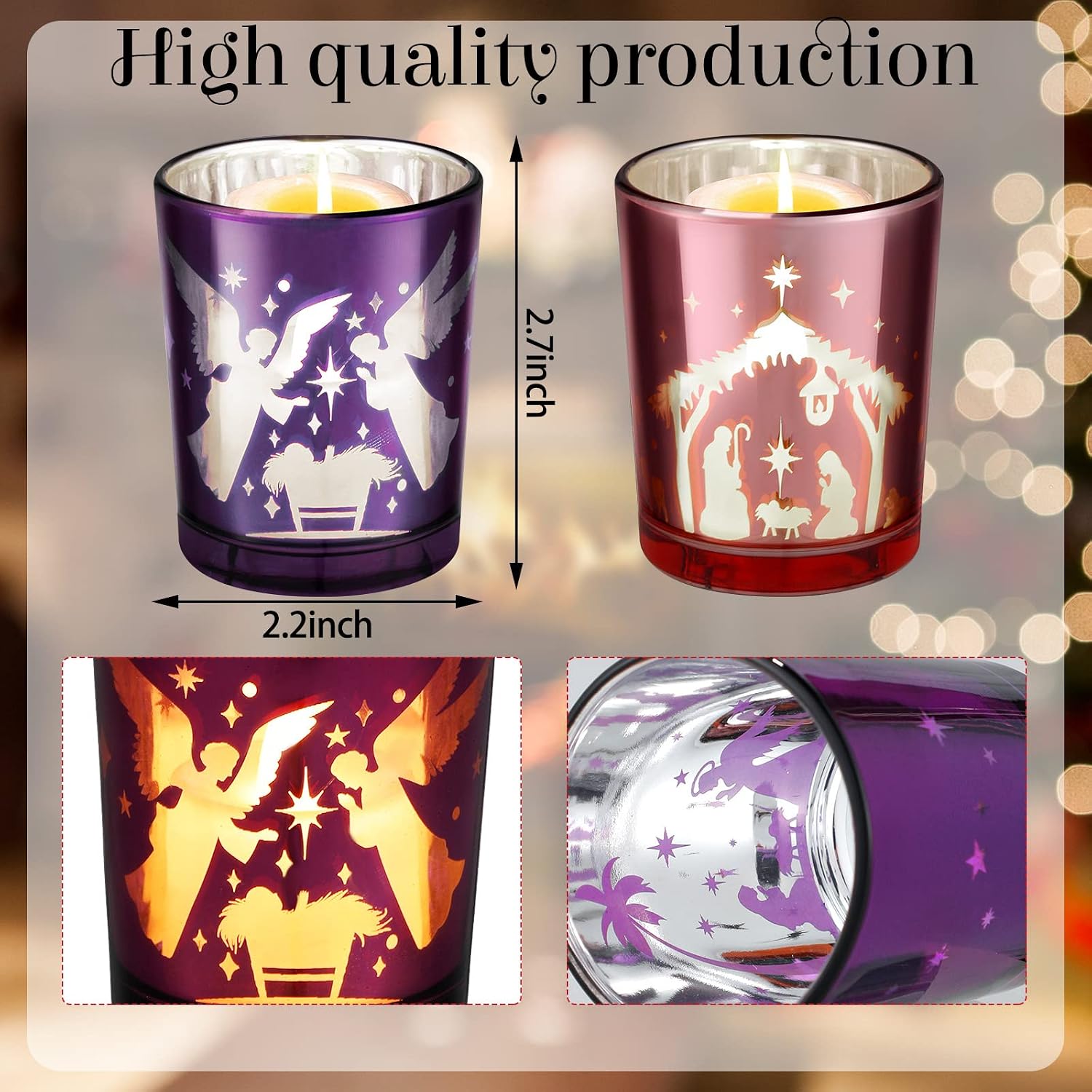 4 Pcs Christmas Advent Candle Holder Nativity Scene Candle Holder Glass Purple and Pink Tealight Candle Holders for Holiday Xmas Wedding Church Home Decor, 4 Styles
