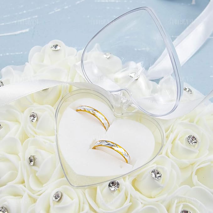 AUEAR, White Wedding Ring Holder Pillow Heart Shape Lace Rose Flower Rhinestone Crystal Box for Ceremony