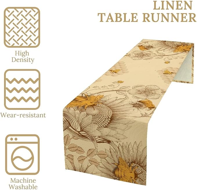 Vintage Bee Table Runner, Rustic Retro Wildflowers Print Home Farmhouse Table Cover for Party Indoor Outdoor Decoration Kitchen Dining Table Decor, 13x90inch