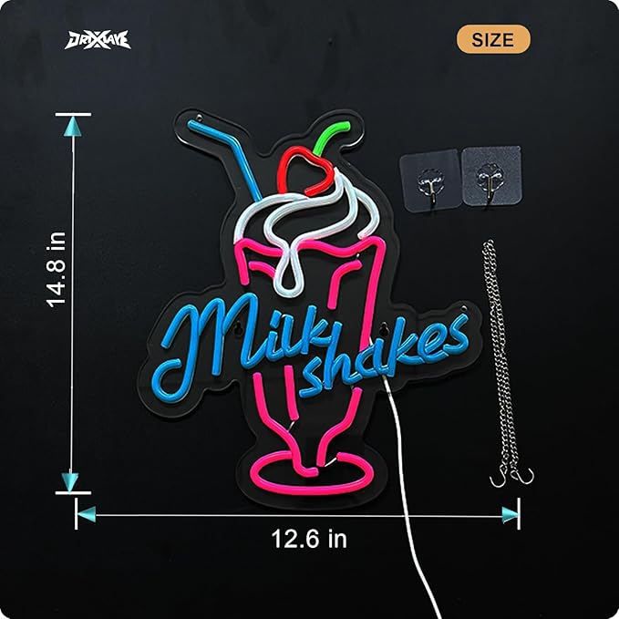 Milk Shakes Neon Signs Ice Cream Neon Light Milk Tea LED Neon Light Milk USB Powered Dimmable(12.6x14.8 Inch)