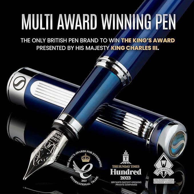 Scriveiner Personalized Midnight Blue Pen - Stunning Blue Lacquer Luxury Pen, Chrome Finish, German Schmidt Nib (Medium), Best Engraved Fountain Pen Gift Set for Men & Women, Name Engraving