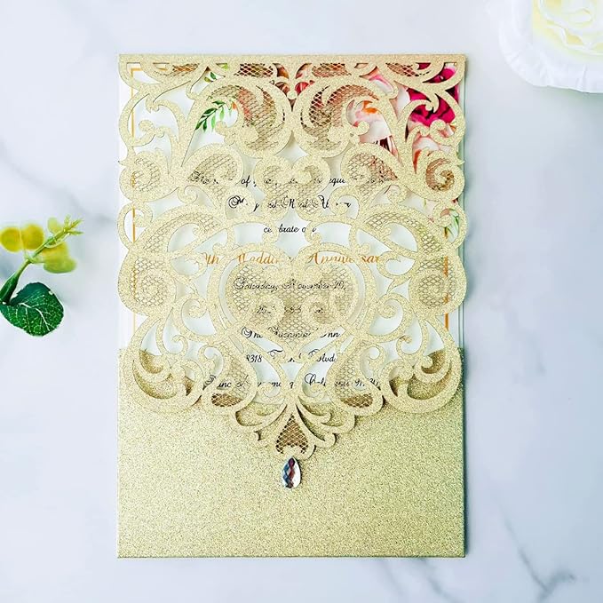 Hosmsua 50PCS Personalized Wedding Invitations Kit 5.12 x 7.3 Laser Cut Hollow Rose Rhinestone Pocket with Envelope for Wedding Quinceanera Invite (Champagne Gold Glitter)