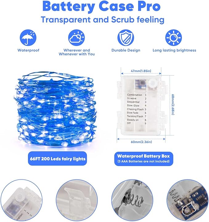 1 Pack 65.6 Ft. Battery Operated Outdoor String Lights with Remote & Timer, LED Blue Fairy Lights, Waterproof Twinkle Lights for Bedroom, Dorm, Mason Jar, Wedding, Party, Christmas