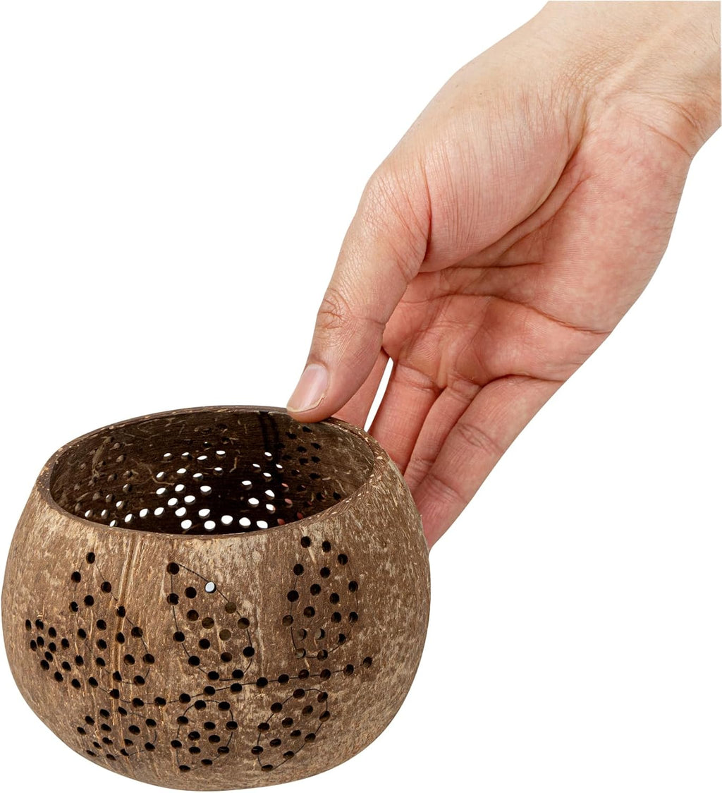 Restaurantware-Coco Casa 4 x 3.3 Inch Coconut Shell Candle Holders, 1 Reusable Tealight Holders - Candle Not Included, Leaf Pattern, Brown Coconut Bowls For Candles, Handcrafted