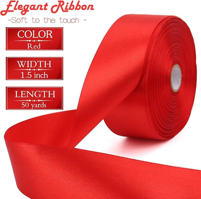 Red Solid Satin Ribbon 1-1/2 Inch 50 Yards Solid Polyester Fabric Ribbon for Gift Wrapping Wedding Christmas Baby Shower Birthday Party Decoration Handmade Immortal Flower Craft