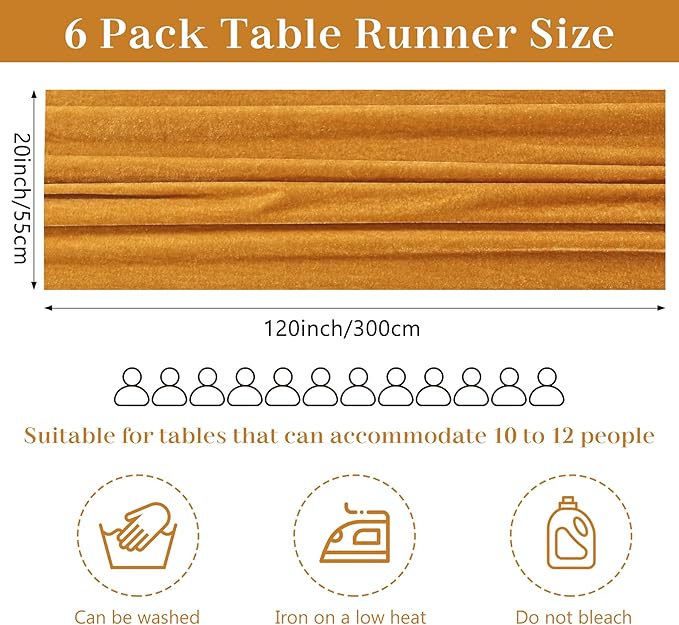 Velvet Table Runner 20 x 120 Inches 10ft Luxurious Thick Soft Velvet Christmas Thanksgiving Wedding Reception Table Runner for Party Reception Decorations(Gold, 6 Pack)