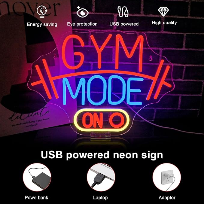 Lucunstar Gym Mode Neon Sign,Red LED Neon Light for Wall Decor,Dimmable Switch USB Powered with LED Lights for Bussness Man Cave,Dumbbell Gym Club Decor