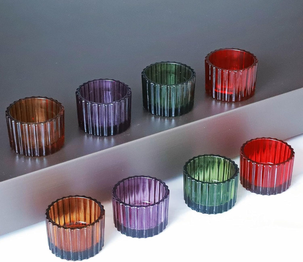 VOHO 4 Colors Tealight Candle Holder Fall Decor Set of 12, Votive Candle Holders for Table Centerpiece, Ribbed Tea Light Candle Holder Glass for Halloween/Thanksgiving/Christmas Decorations/Gifts