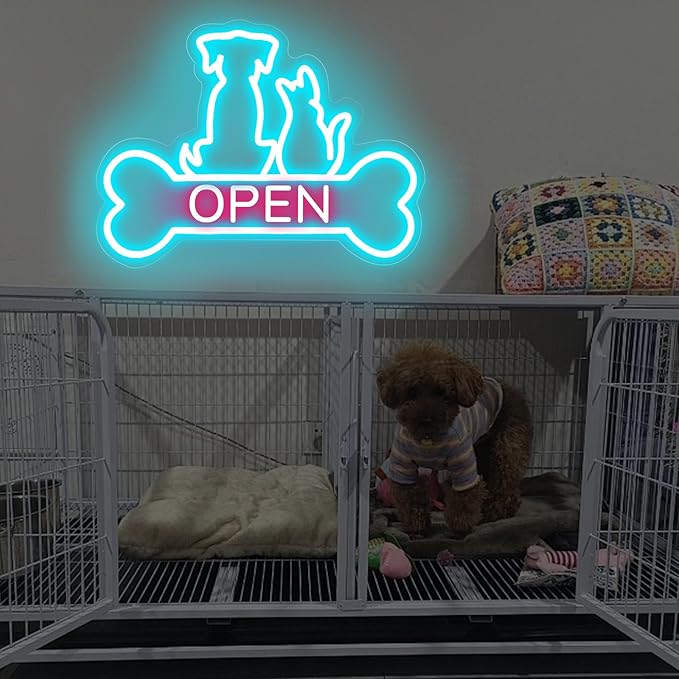 Pet Shop Open Neon Sign LED Dog And Cat Open Sign Bright Pet Grooming Salon Light Animal Shelter Storefront Decor Vet Clinic Window Sign, Ice Blue+Light Pink, 16.5"x12.4"