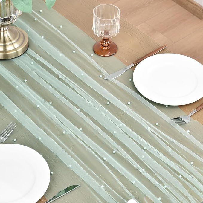Joanlody Fall Pearl Table Runner 10ft Rustic Boho Tulle Table Runner with Pearls for Baby Shower Wedding Party Veil Dessert Thanksgiving Table Decor Sage Green