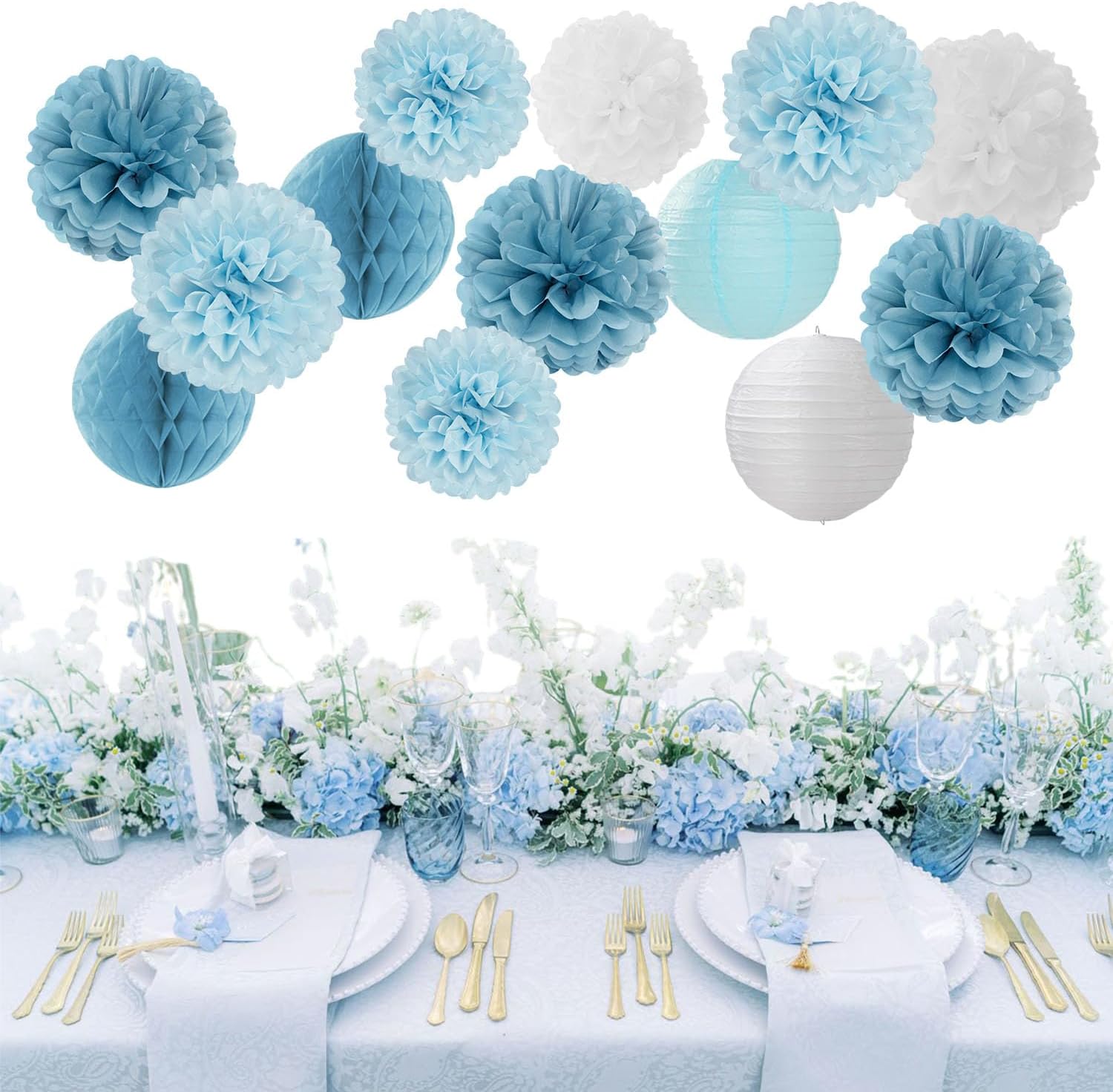 Dusty-Blue White Party-Decorations Paper-Flowers Lanterns - 15pcs Birthday Baby Bridal Shower Tissue Pom Poms Streamers Honeycomb, Boy Men Wedding Bachelorette Hanging Supplies Decor Hugfond