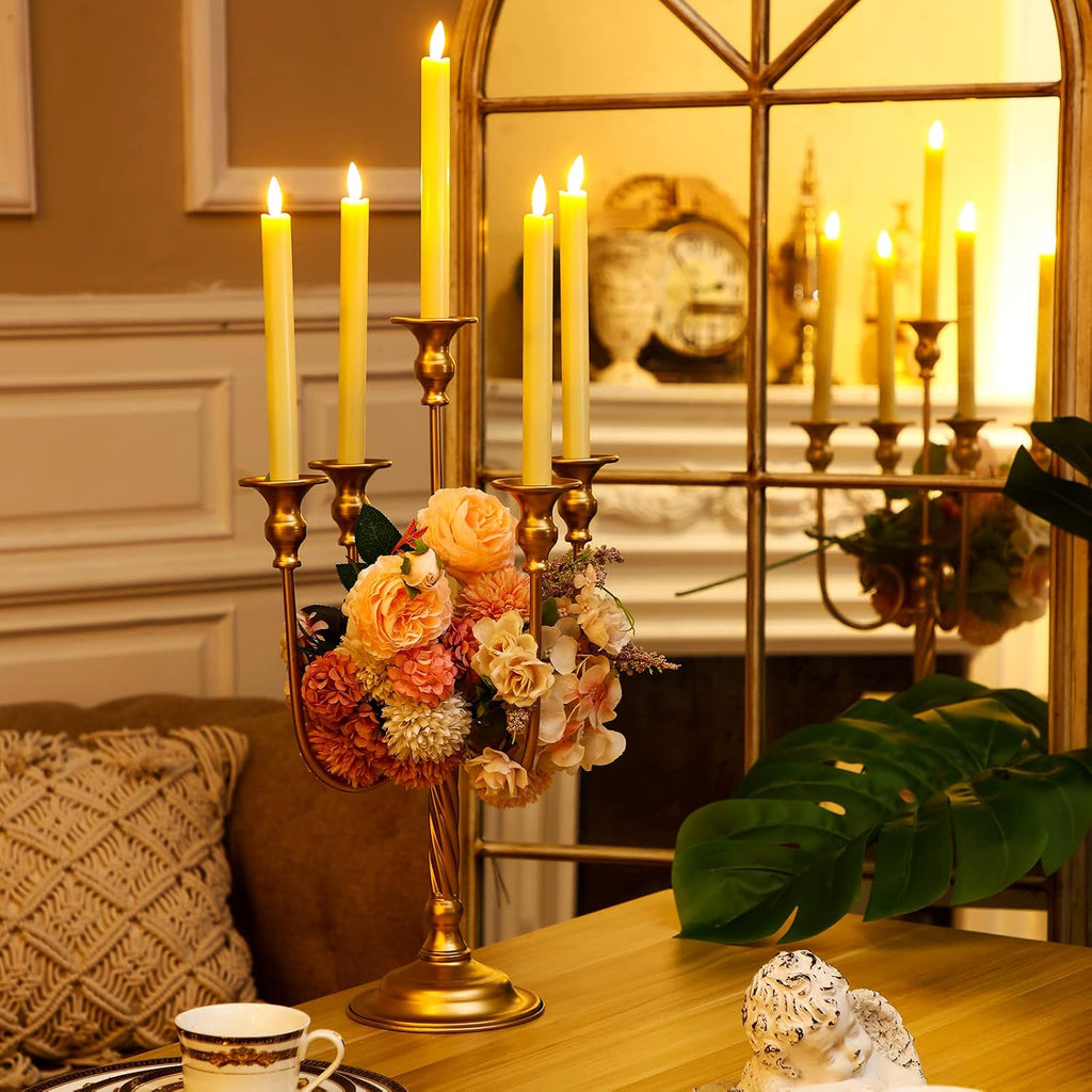 gold candelabra candlestick holder, 9.45 x 9.45 x showing dimensions