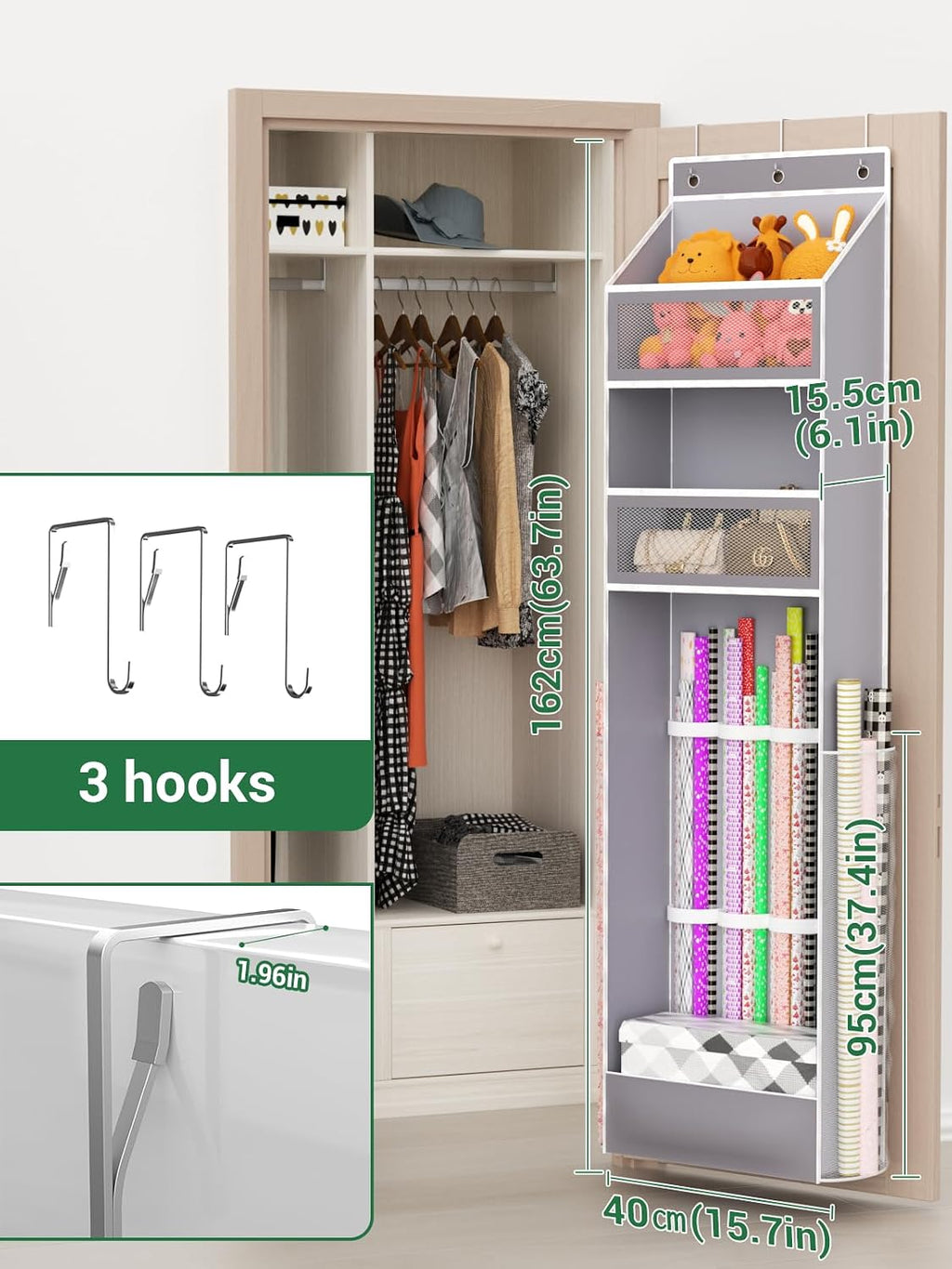 Over Door Wrapping Paper Organizer Hanging – Christmas Gift Wrap Storage for Ribbons, Bows, Ornament and Other Tools, Behind Door Long Craft Roll Holder Bag, Present Wrap Container, 1Pack, Gray