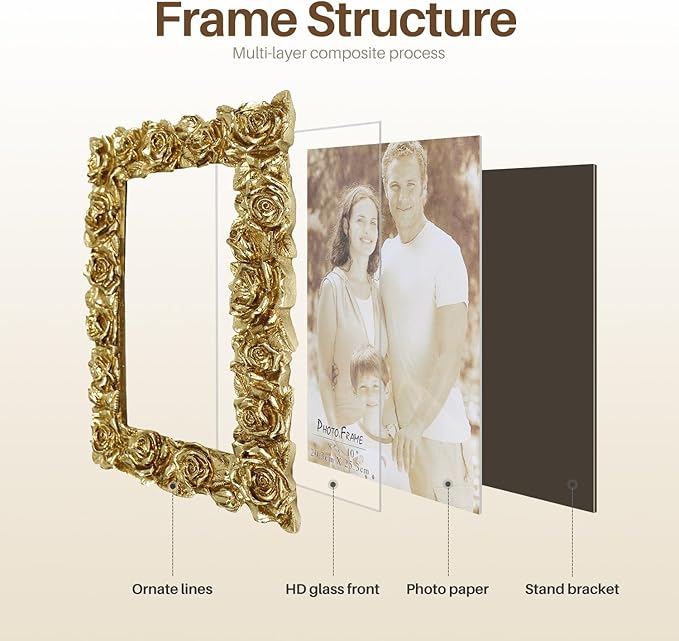 Cuspin 8x10 Picture Frame Vintage, Gold Ornate Rose Flower Resin Photo Frame with Glass Front for Tabletop, Antique Picture Frames for Home Decor
