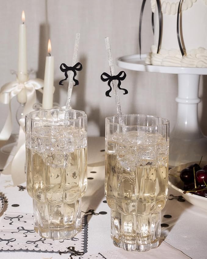 xo, Fetti Black Bow Reusable Straws, 12pcs - Clear Glitter Plastic | Birthday Drink Decorations, Coquette Drinkware, Tying the Knot Party Favor, Bachelorette Decor