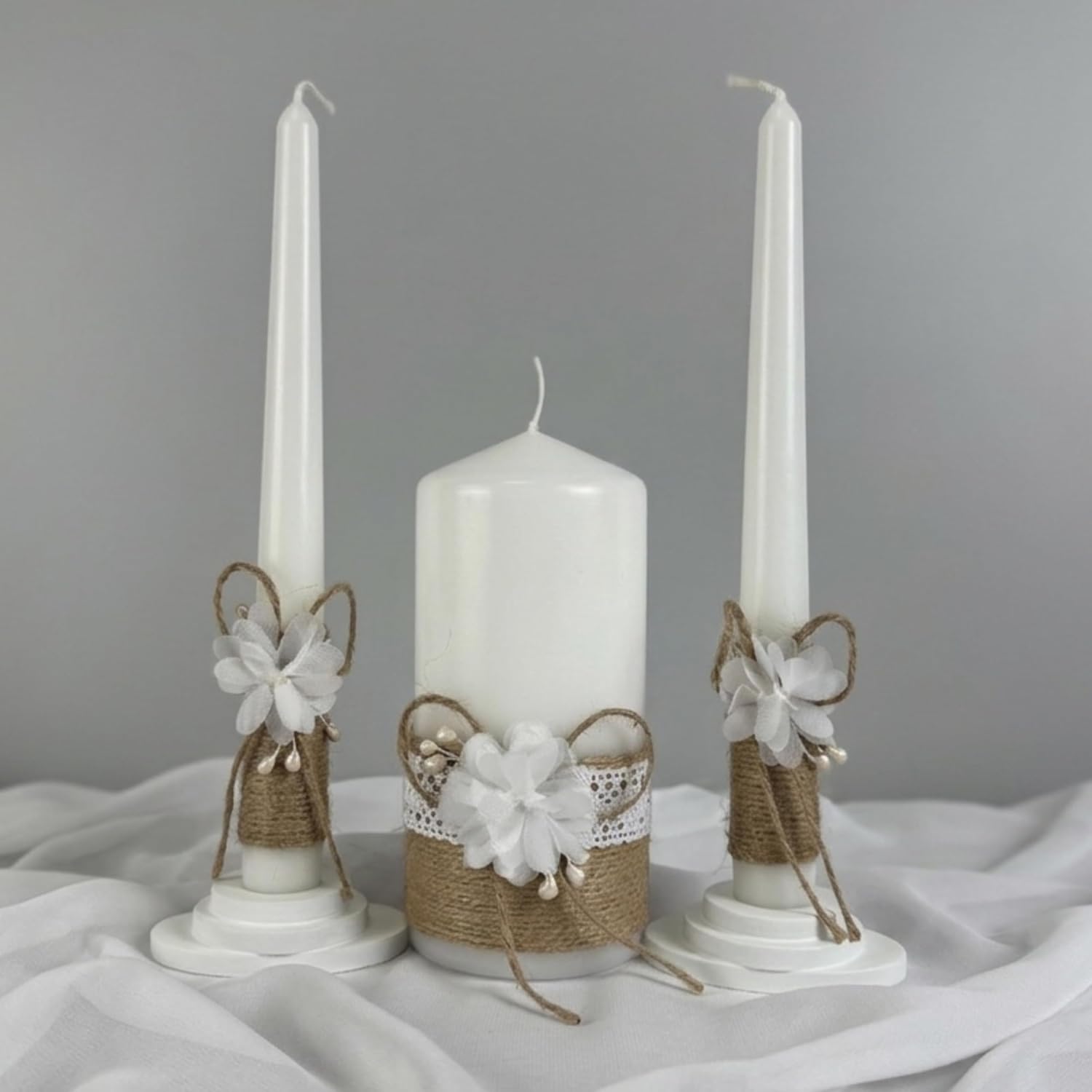 Unity Candle Set - Wedding Ceremony & Reception – 6” Pillar & Two 10” Taper Candles – Long Burning Wedding Unity Candles for Marriage Ritual – Home Decor- Handmade in USA – White | Rustic